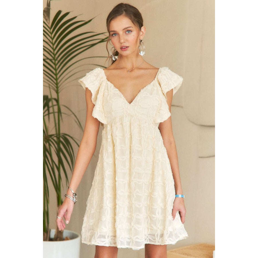 ADORA Tie Back V-Neck Ruffle Sleeve Dress Ivory / S Apparel and Accessories