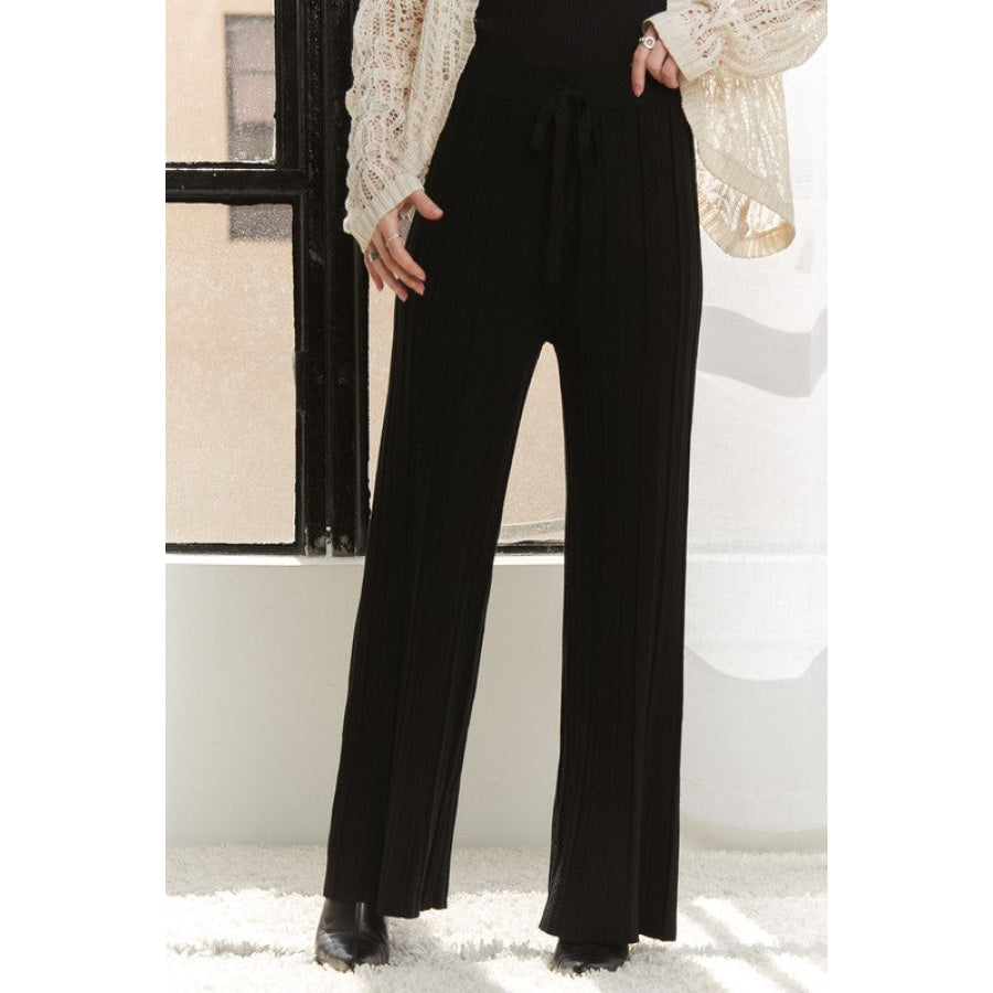 ADORA Tied Wide Leg Knit Pants Black / S Apparel and Accessories