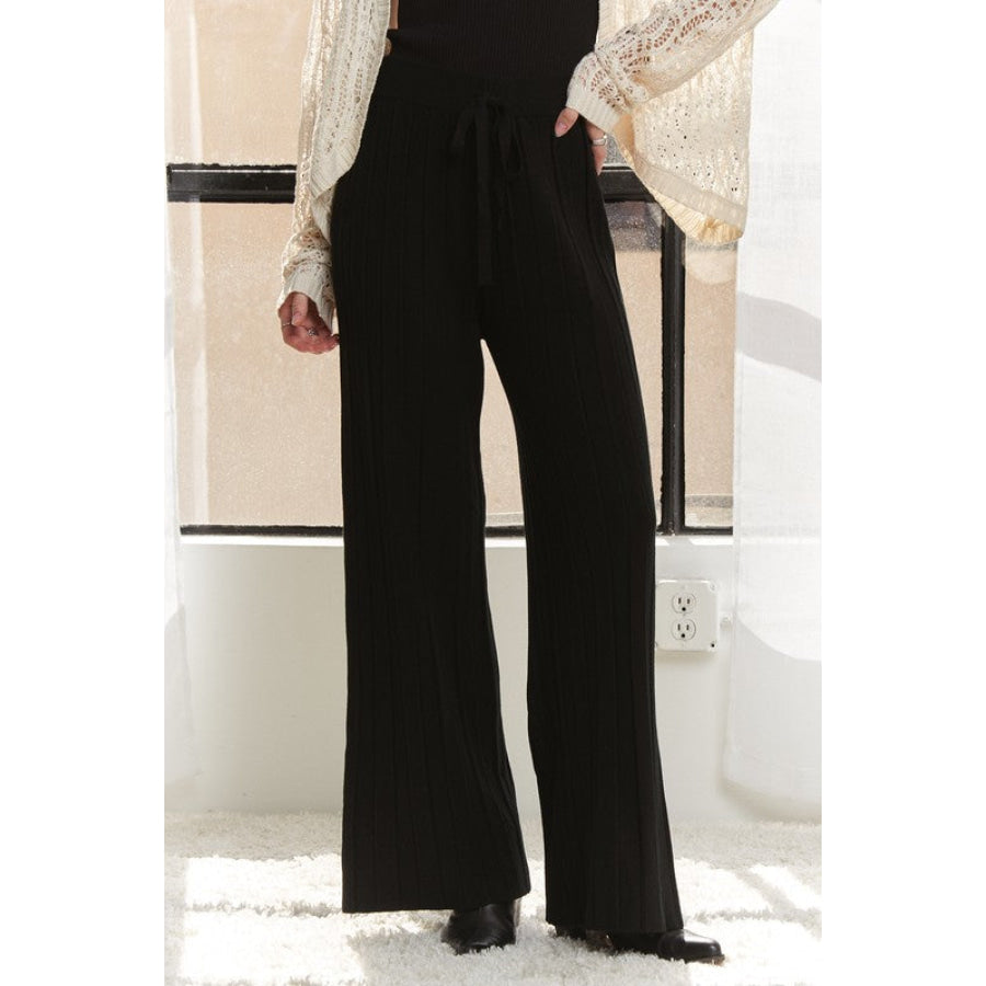 ADORA Tied Wide Leg Knit Pants Black / S Apparel and Accessories