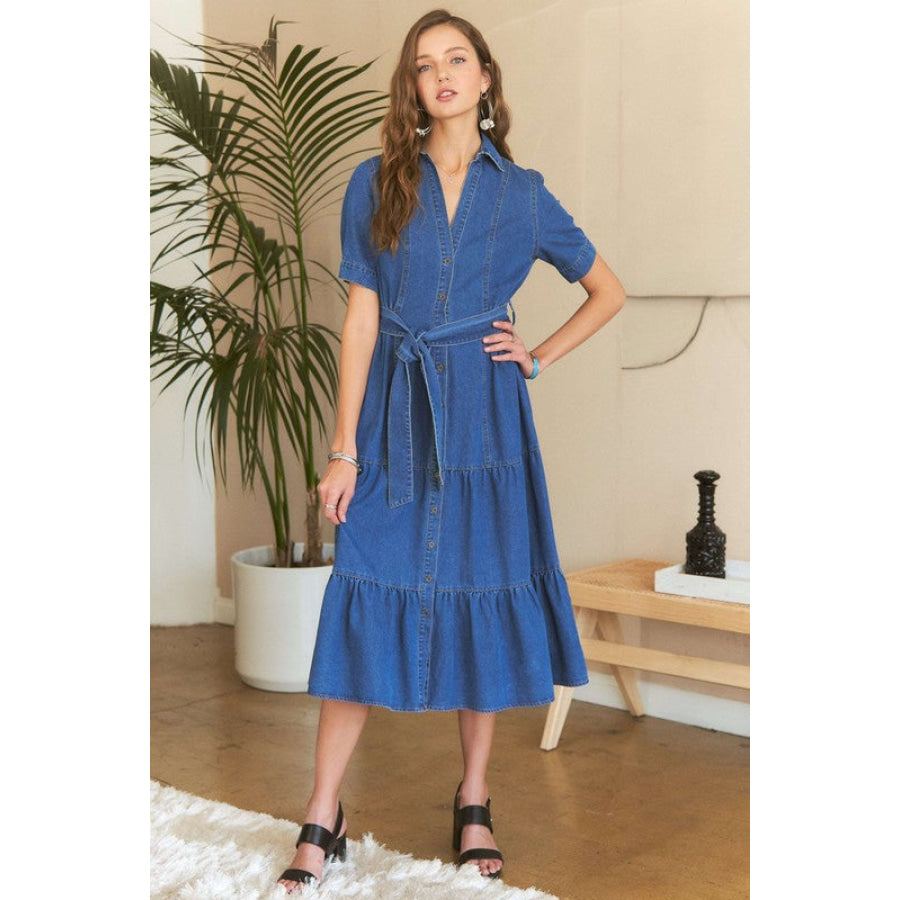 ADORA Tiered Button Down Tie Waist Short Sleeve Denim Dress Apparel and Accessories