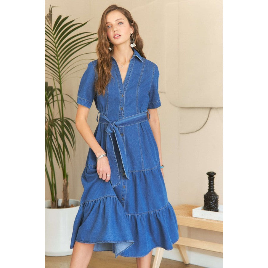 ADORA Tiered Button Down Tie Waist Short Sleeve Denim Dress Apparel and Accessories