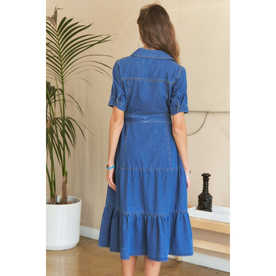 ADORA Tiered Button Down Tie Waist Short Sleeve Denim Dress Apparel and Accessories