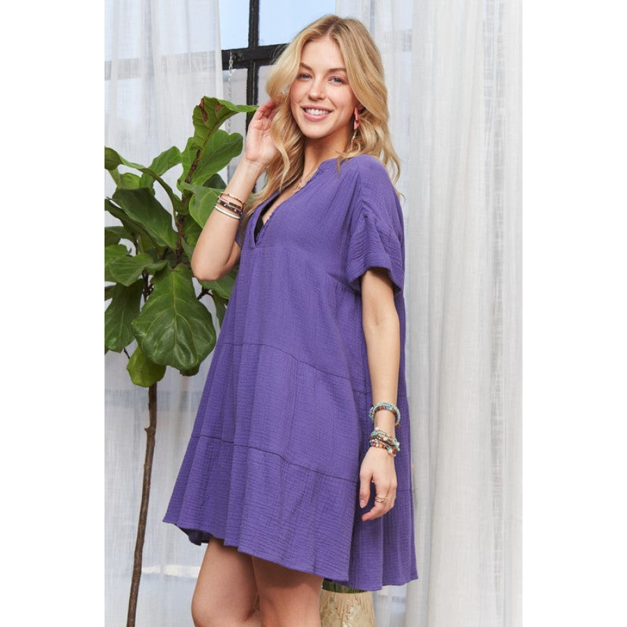 ADORA Tiered Notched Short Sleeve Dress Apparel and Accessories