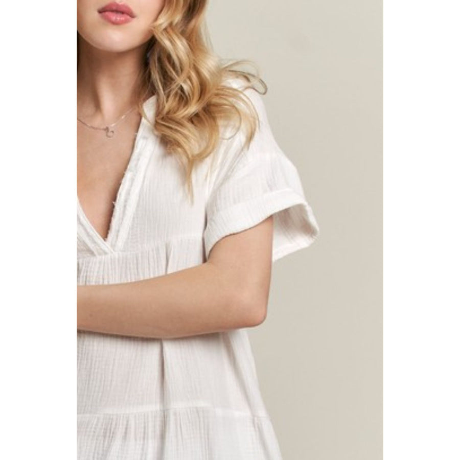 ADORA Tiered Notched Short Sleeve Dress Apparel and Accessories