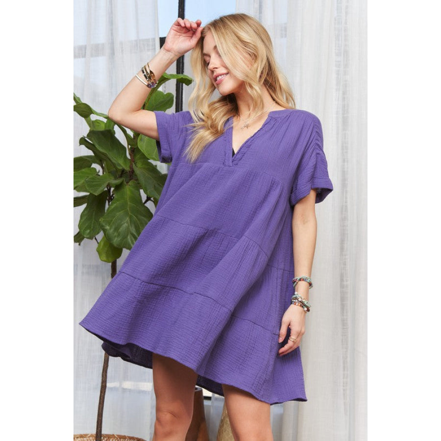 ADORA Tiered Notched Short Sleeve Dress Apparel and Accessories