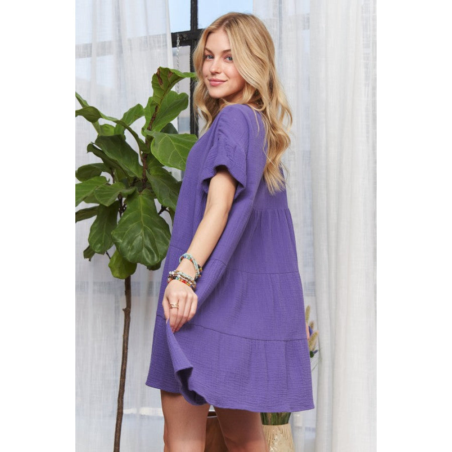 ADORA Tiered Notched Short Sleeve Dress Apparel and Accessories