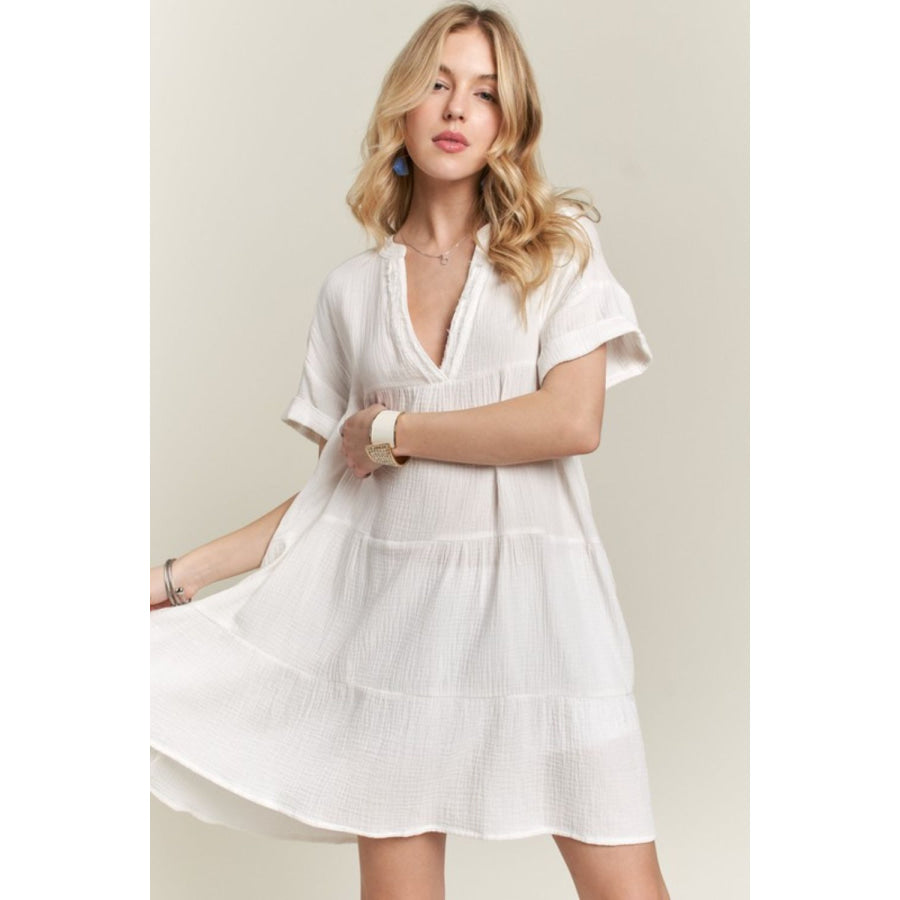 ADORA Tiered Notched Short Sleeve Dress Ivory / S Apparel and Accessories