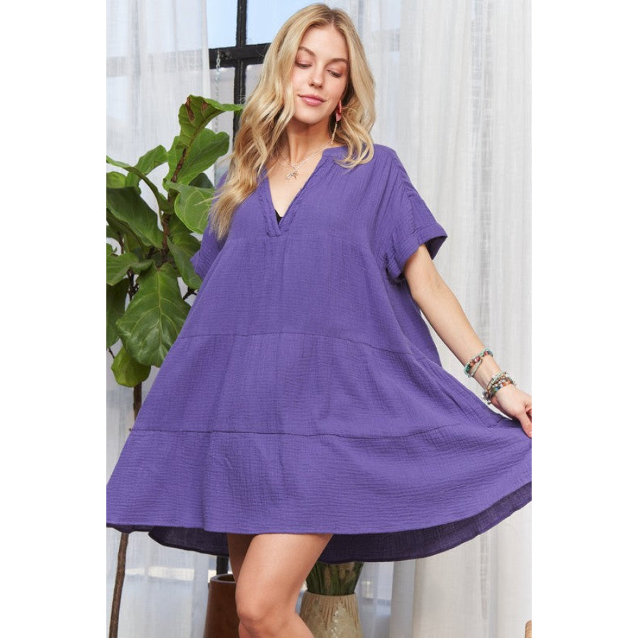 ADORA Tiered Notched Short Sleeve Dress Purple / S Apparel and Accessories