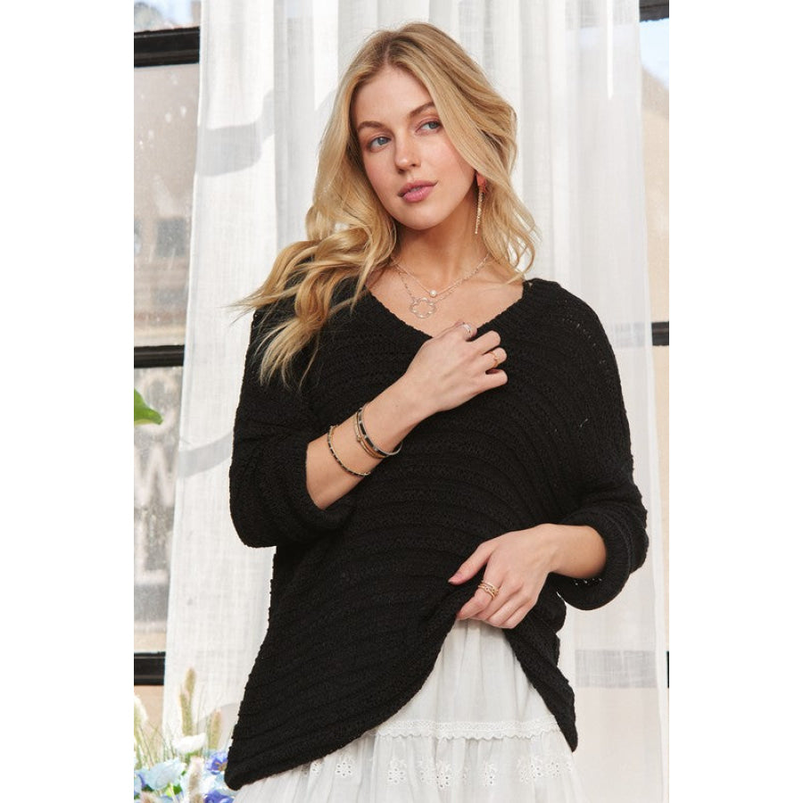 ADORA V-Neck Drop Shoulder Long Sleeve Sweater Apparel and Accessories