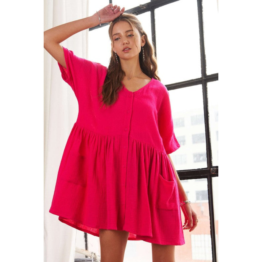 ADORA V-Neck Half Sleeve Dress with Pockets Hot Pink / S Apparel and Accessories