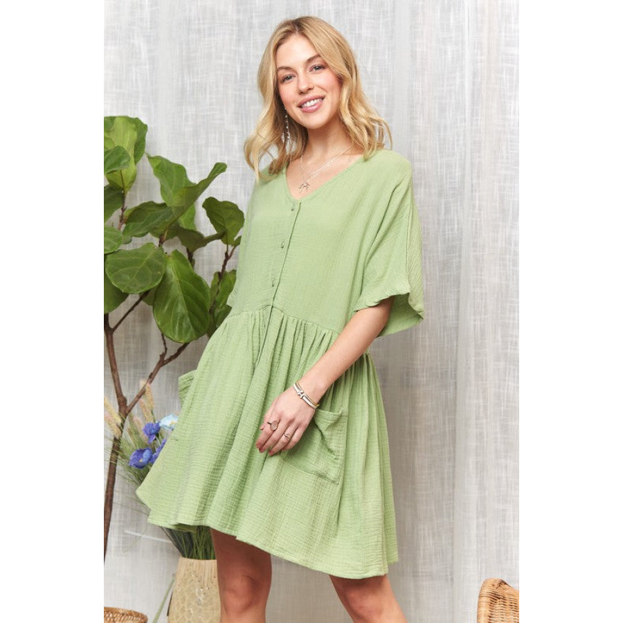 ADORA V-Neck Half Sleeve Dress with Pockets DUSTY GREEN / S Apparel and Accessories