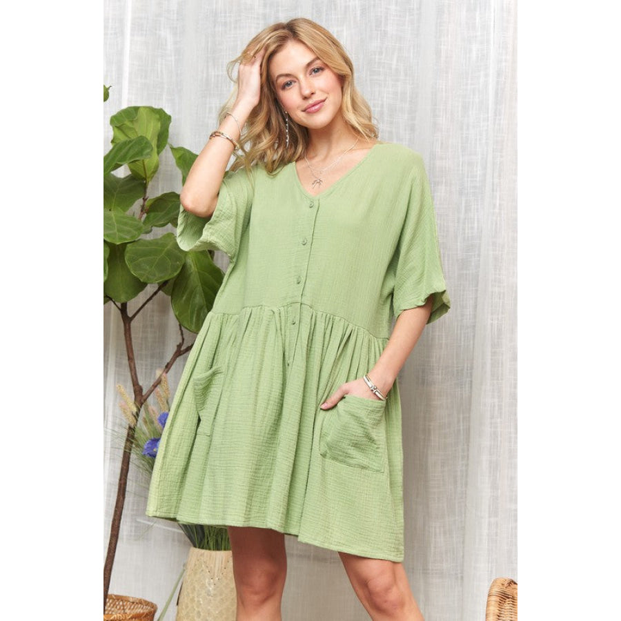 ADORA V-Neck Half Sleeve Dress with Pockets DUSTY GREEN / S Apparel and Accessories