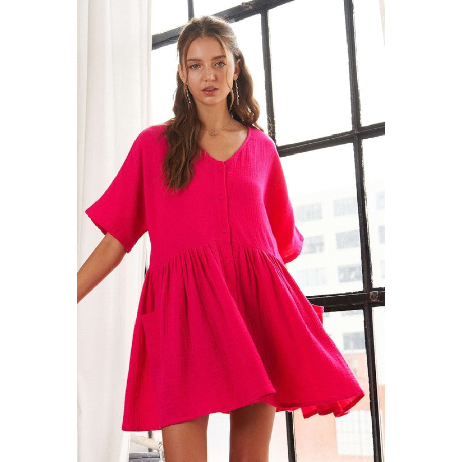 ADORA V-Neck Half Sleeve Dress with Pockets Hot Pink / S Apparel and Accessories