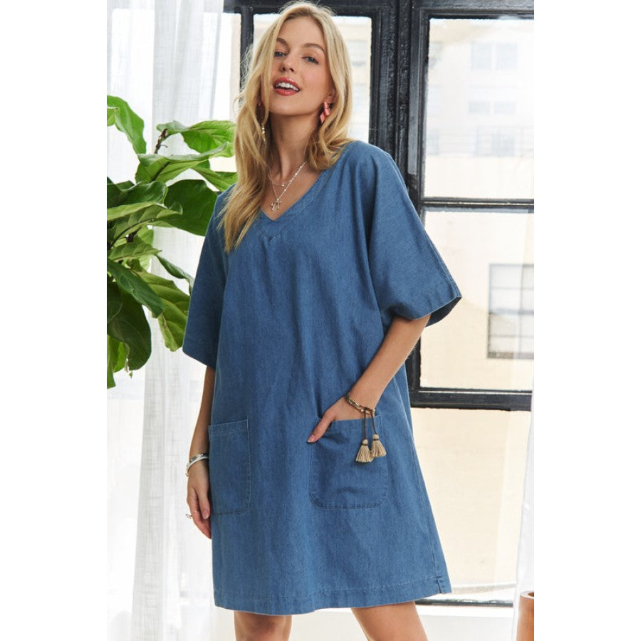 ADORA V-Neck Half Sleeve Mini Denim Dress Apparel and Accessories