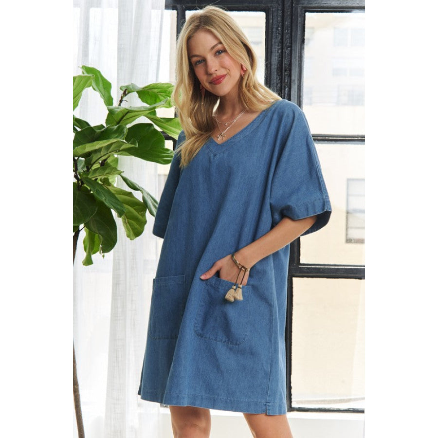 ADORA V-Neck Half Sleeve Mini Denim Dress Apparel and Accessories