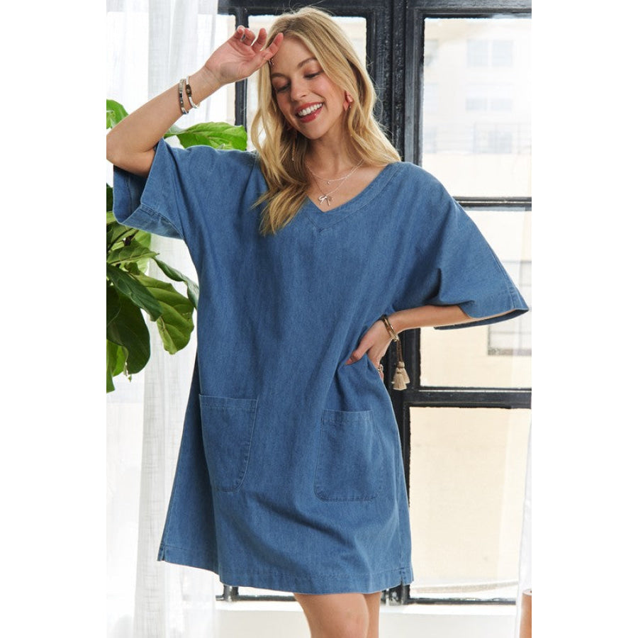 ADORA V-Neck Half Sleeve Mini Denim Dress Peacock Blue / S Apparel and Accessories