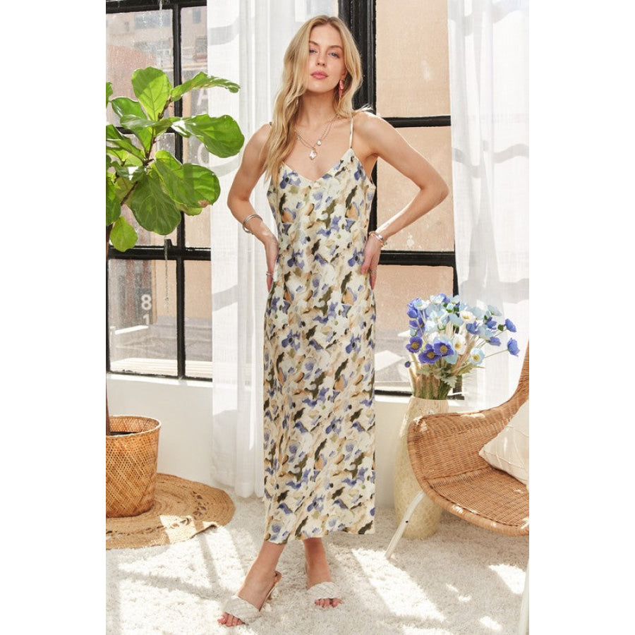 ADORA Watercolor V-Neck Midi Cami Dress Blue Purple / S Apparel and Accessories