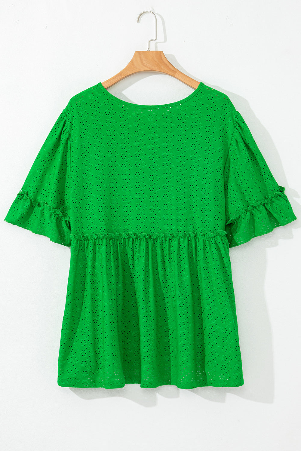 Green Textured Frilled Short Sleeve Plus Size Babydoll Blouse Plus Size/Plus Size Tops/Plus Size Blouses & Shirts