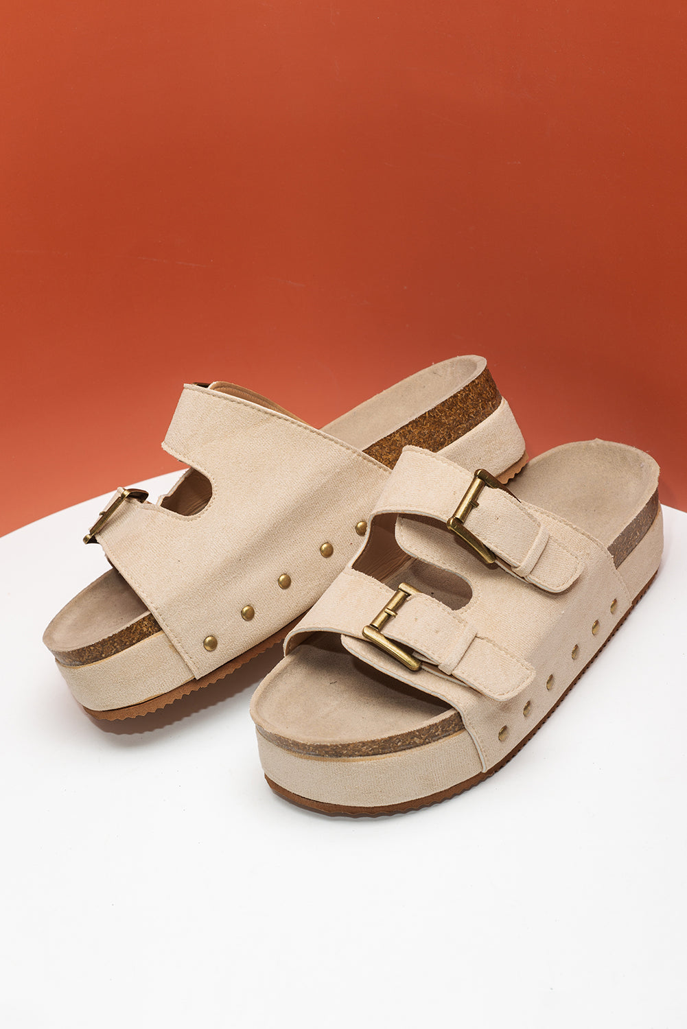 Beige Suede Buckle Decor Footbed Sandal Slippers