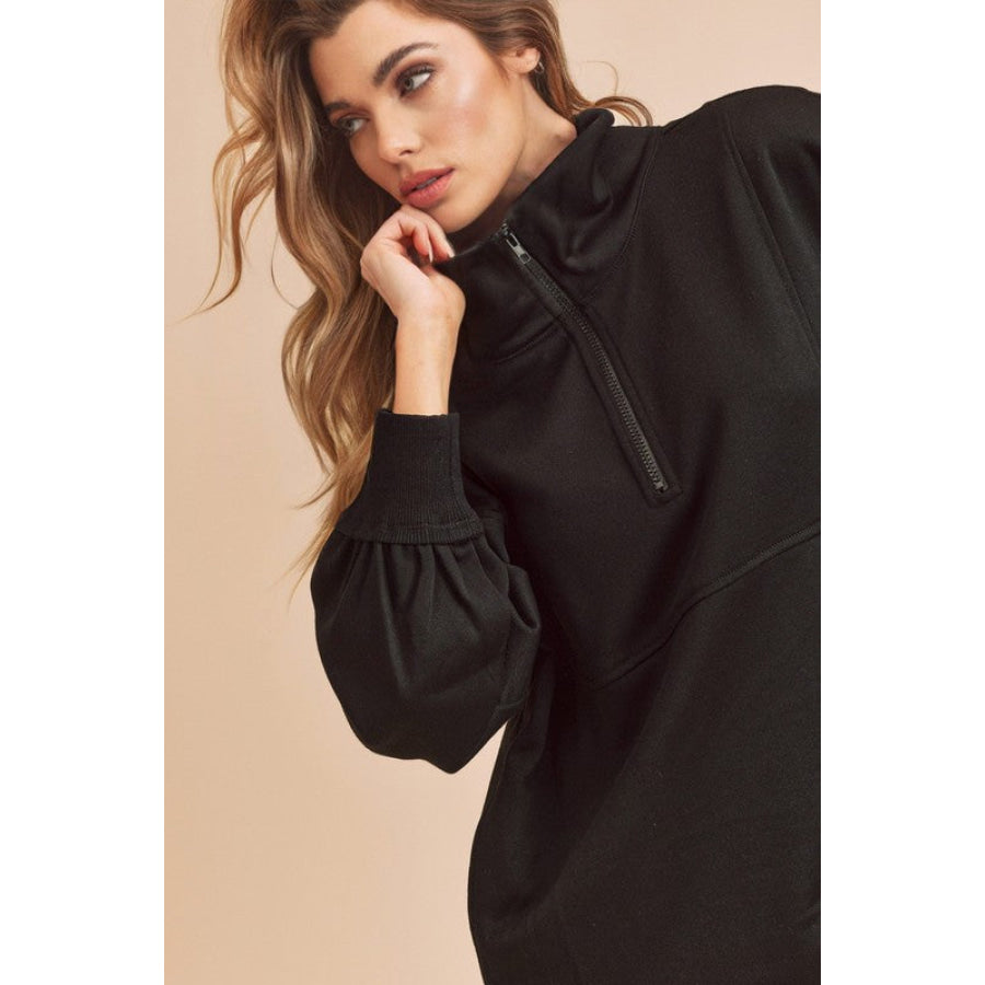 Aemi + Co Exposed Seam Half Zip Drop Shoulder Sweatshirt Apparel and Accessories