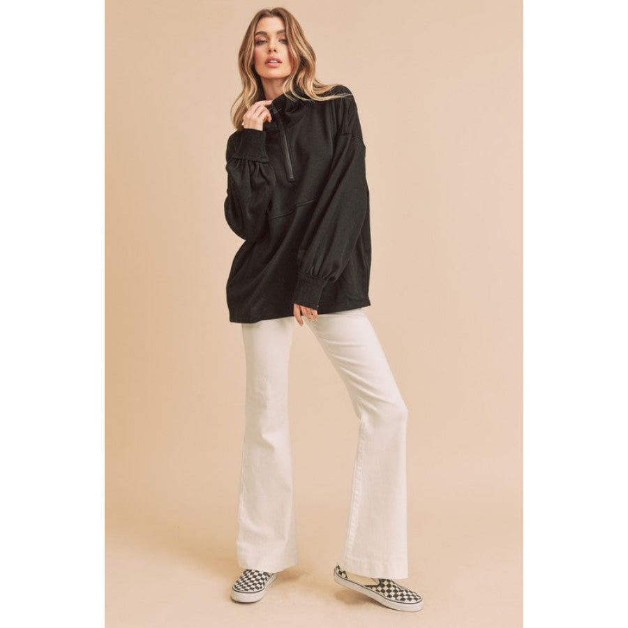 Aemi + Co Exposed Seam Half Zip Drop Shoulder Sweatshirt Apparel and Accessories