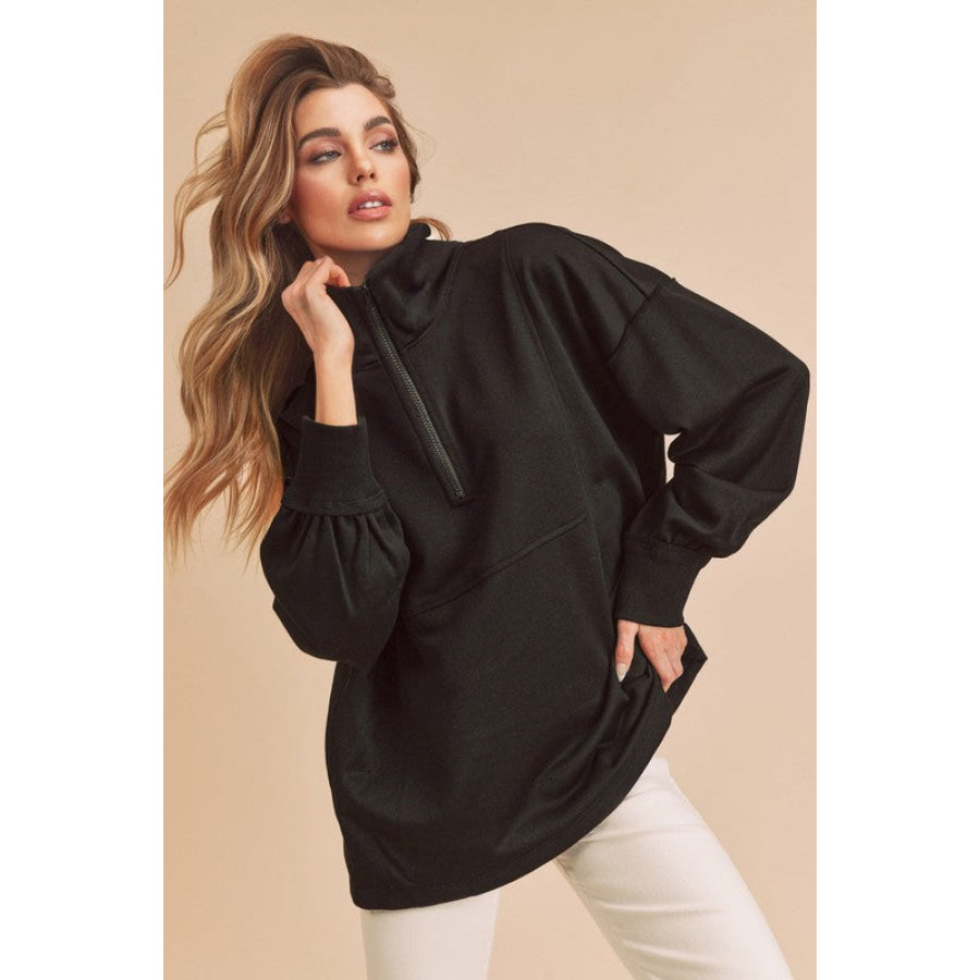 Aemi + Co Exposed Seam Half Zip Drop Shoulder Sweatshirt Black / S Apparel and Accessories