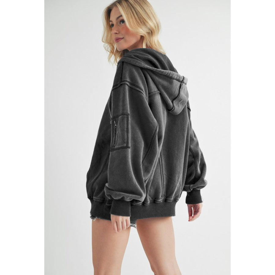 Aemi + Co Exposed Seam Zip Up Drawstring Hooded Jacket Apparel and Accessories