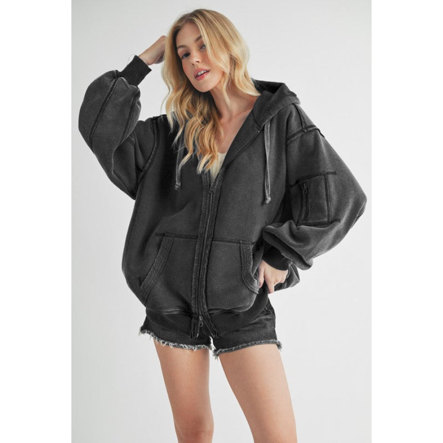 Aemi + Co Exposed Seam Zip Up Drawstring Hooded Jacket Black / S Apparel and Accessories