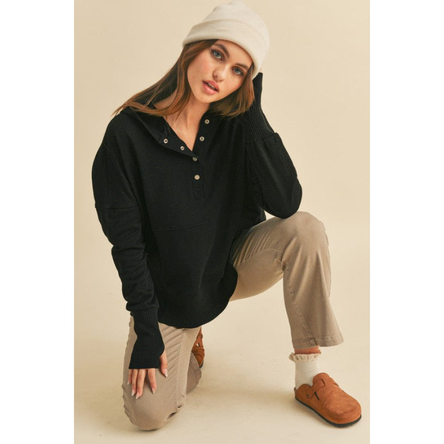 Aemi + Co Half Snap Dropped Shoulder Hoodie Black / S Apparel and Accessories