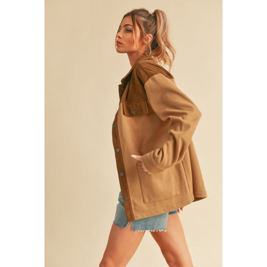 Aemi + Co Two Tone Button Up Jacket with Pockets Camel / S Apparel and Accessories