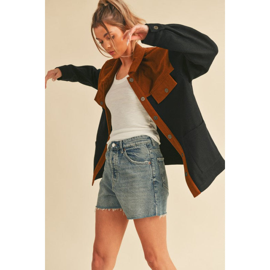 Aemi + Co Two Tone Button Up Jacket with Pockets Apparel and Accessories