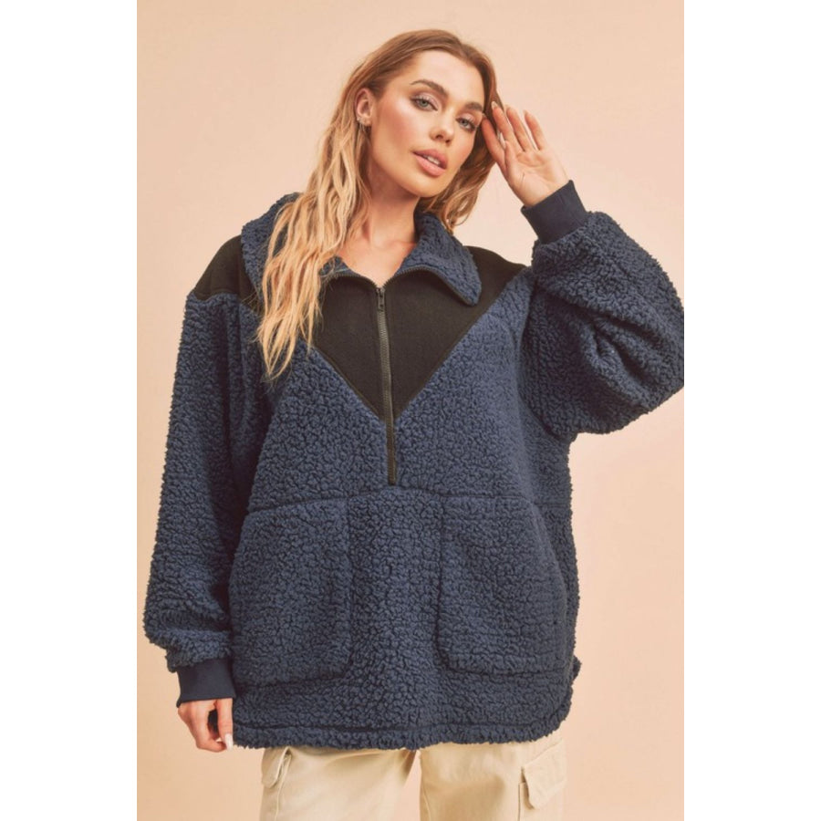 Aemi + Co Two Tone Half Zip Fleece Sweatshirt Apparel and Accessories