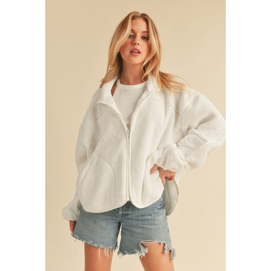 Aemi + Co Zip Up Drop Shoulder Fleece Jacket White / S Apparel and Accessories