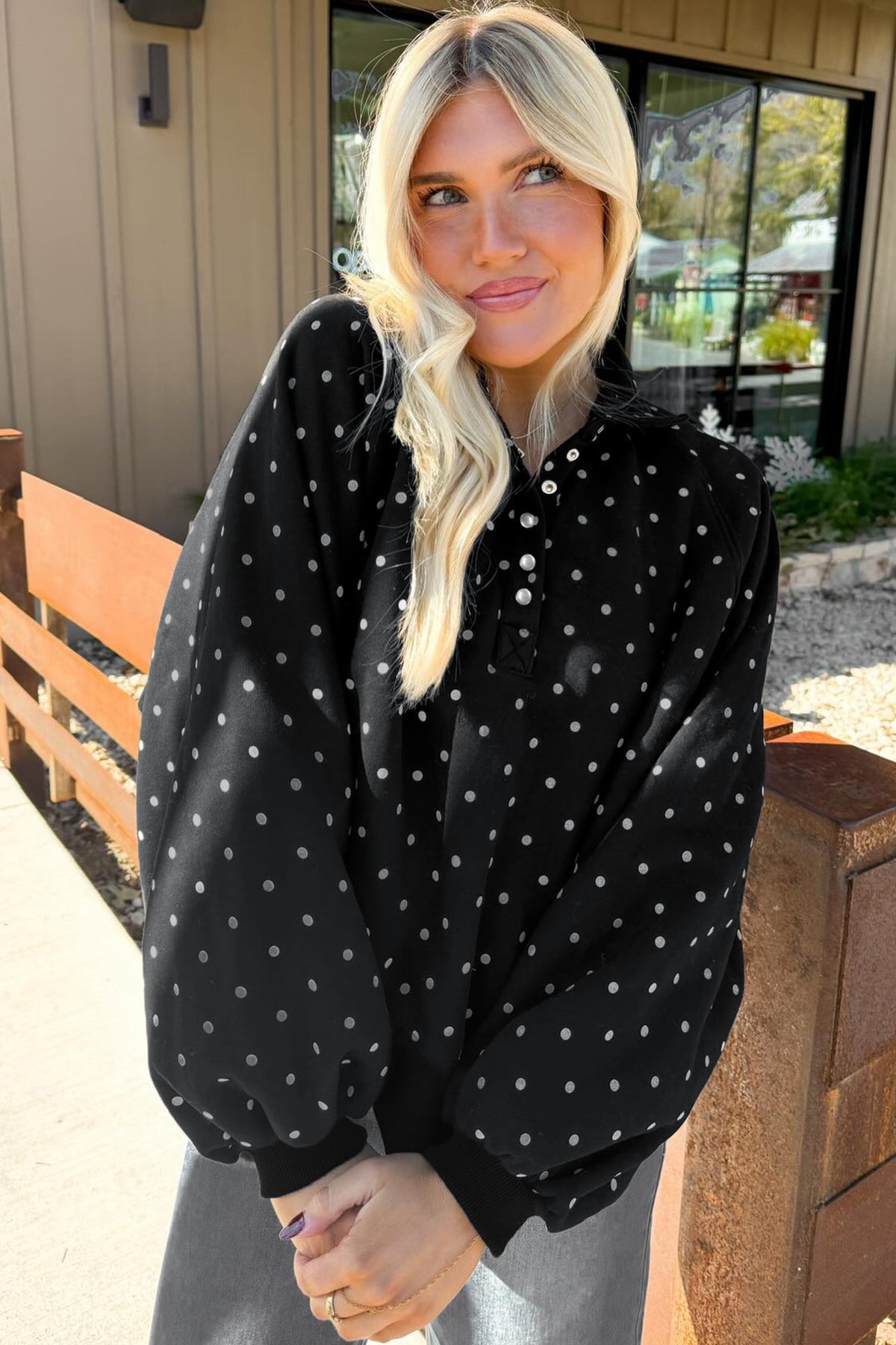 White Polka Dot Print Metal Button Collar Casual Pullover Sweatshirt