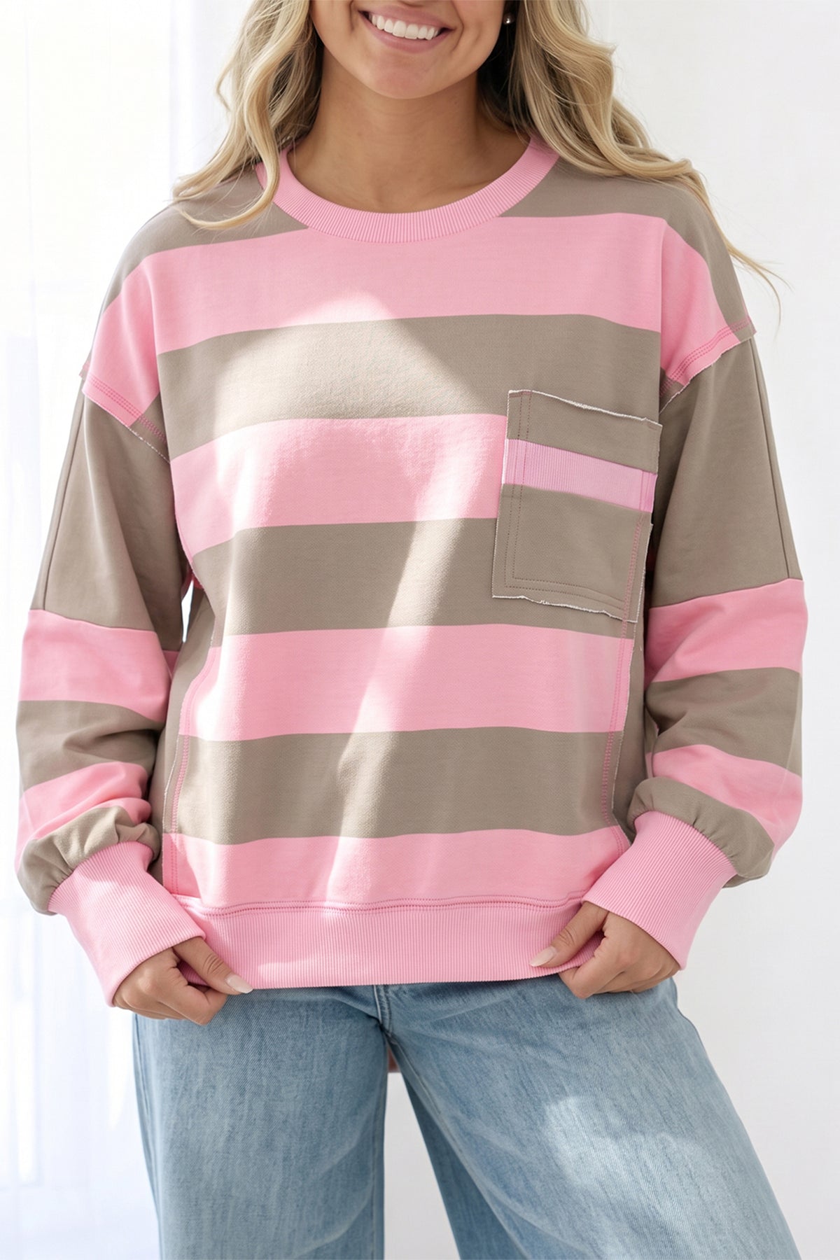 Pink Stripe Raw Seam Patchwork Drop Shoulder Plus Size Sweatshirt