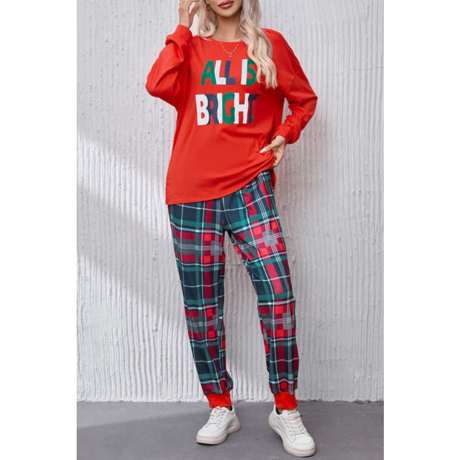 ALL IS BRIGHT Round Neck Top and Plaid Pants Lounge Set Clothing