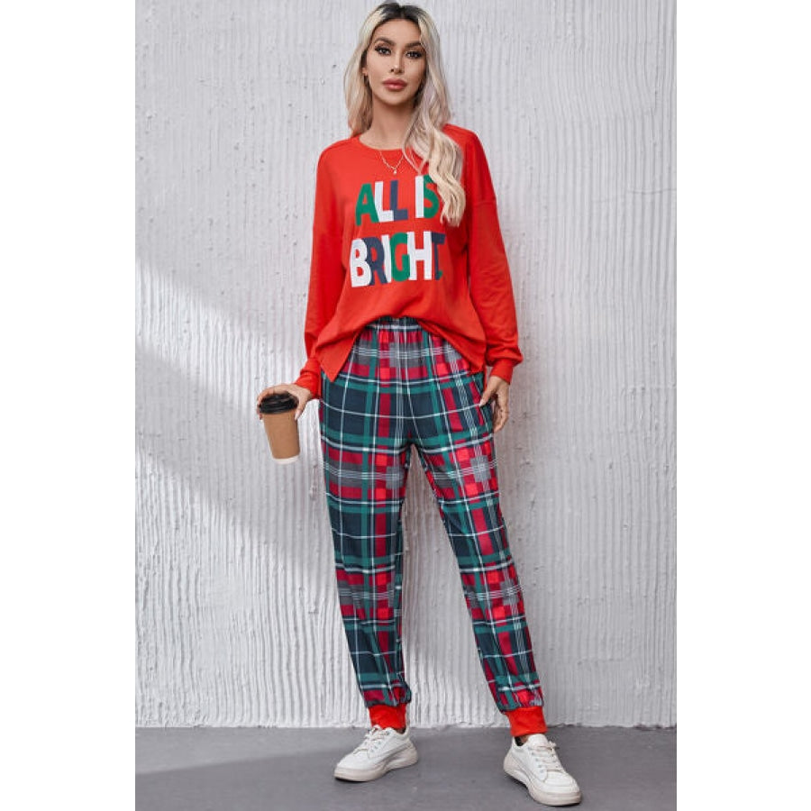 ALL IS BRIGHT Round Neck Top and Plaid Pants Lounge Set Clothing