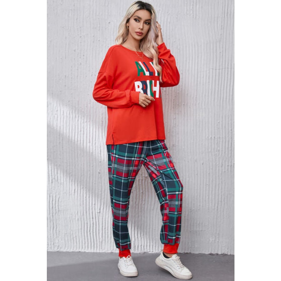 ALL IS BRIGHT Round Neck Top and Plaid Pants Lounge Set Clothing