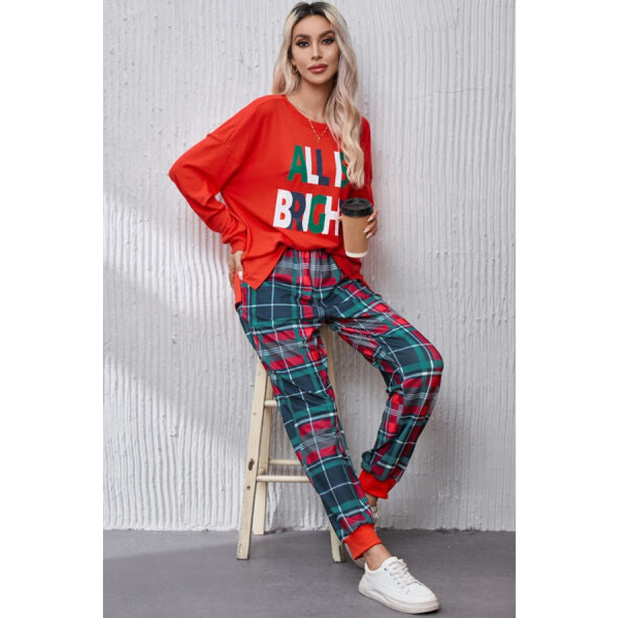 ALL IS BRIGHT Round Neck Top and Plaid Pants Lounge Set Clothing