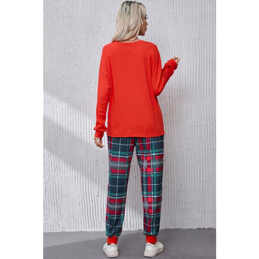 ALL IS BRIGHT Round Neck Top and Plaid Pants Lounge Set Clothing