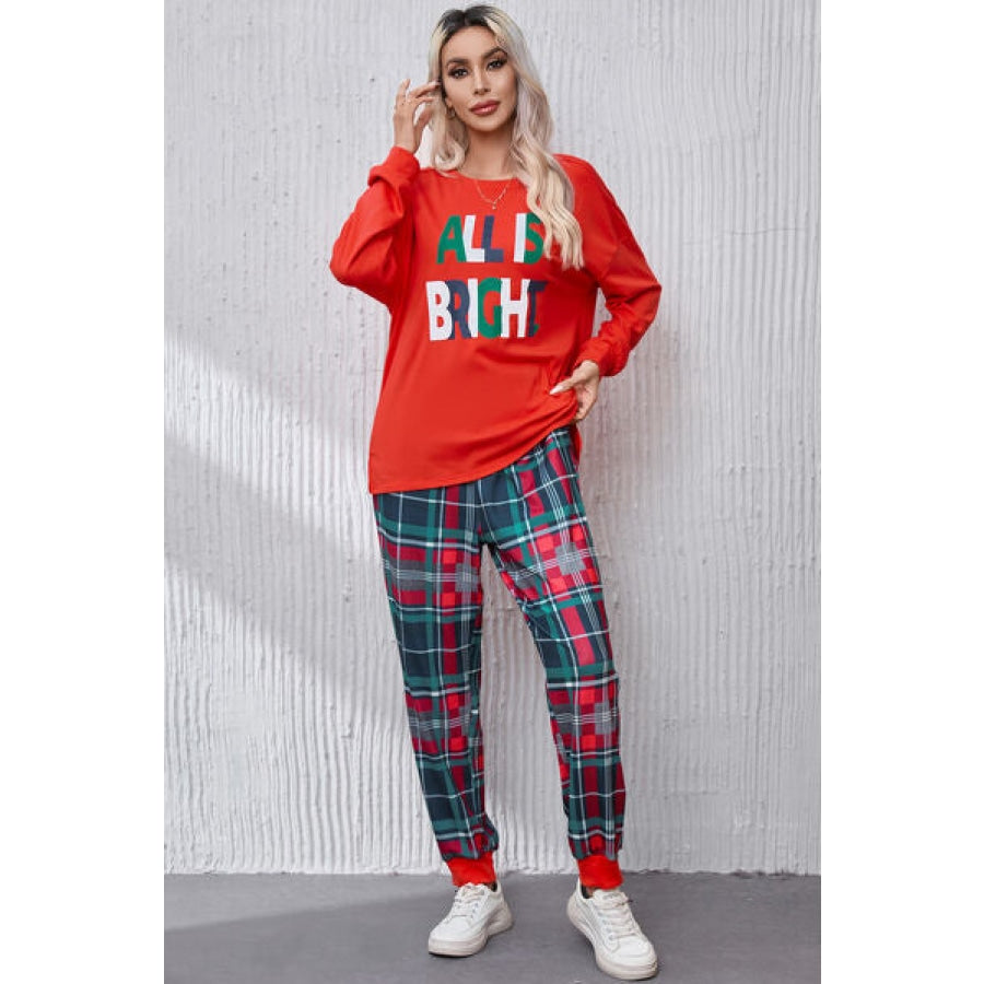 ALL IS BRIGHT Round Neck Top and Plaid Pants Lounge Set Red / S Clothing