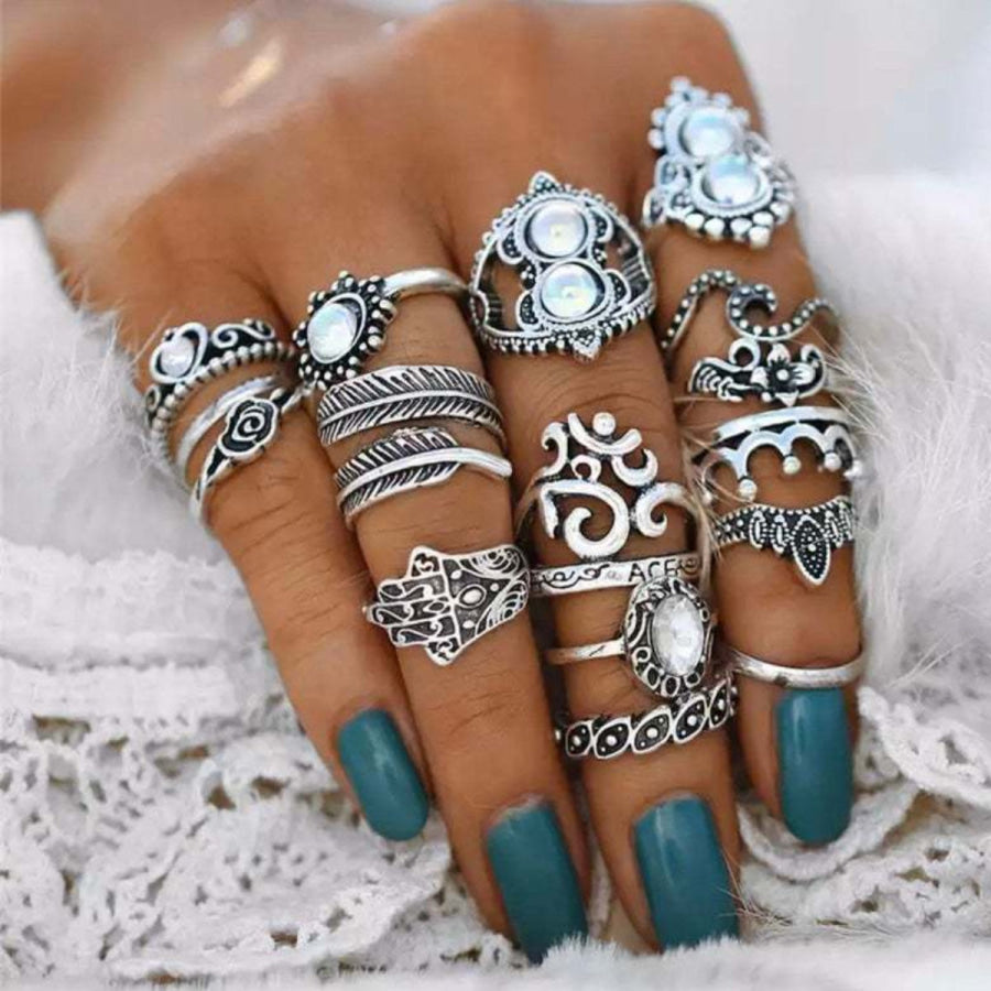 Alloy 16-Piece Ring Set Silver / One Size Apparel and Accessories