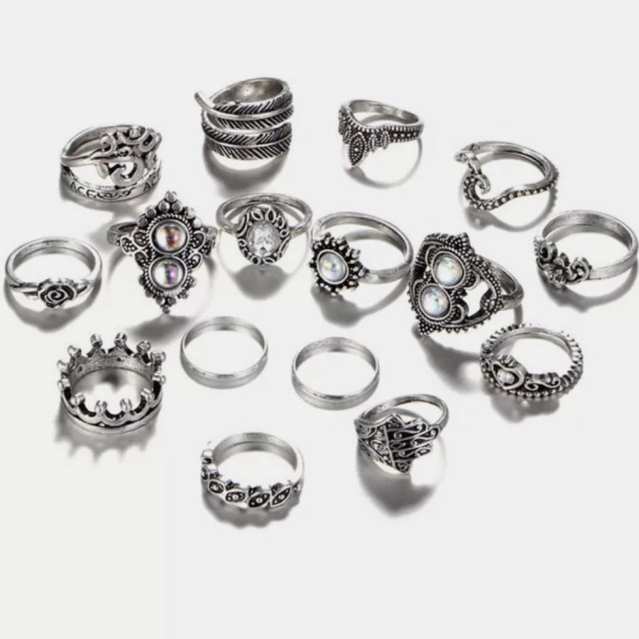 Alloy 16-Piece Ring Set Silver / One Size Apparel and Accessories