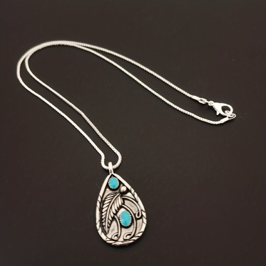 Alloy Artificial Turquoise Teardrop Pendant Necklace Silver / One Size Apparel and Accessories