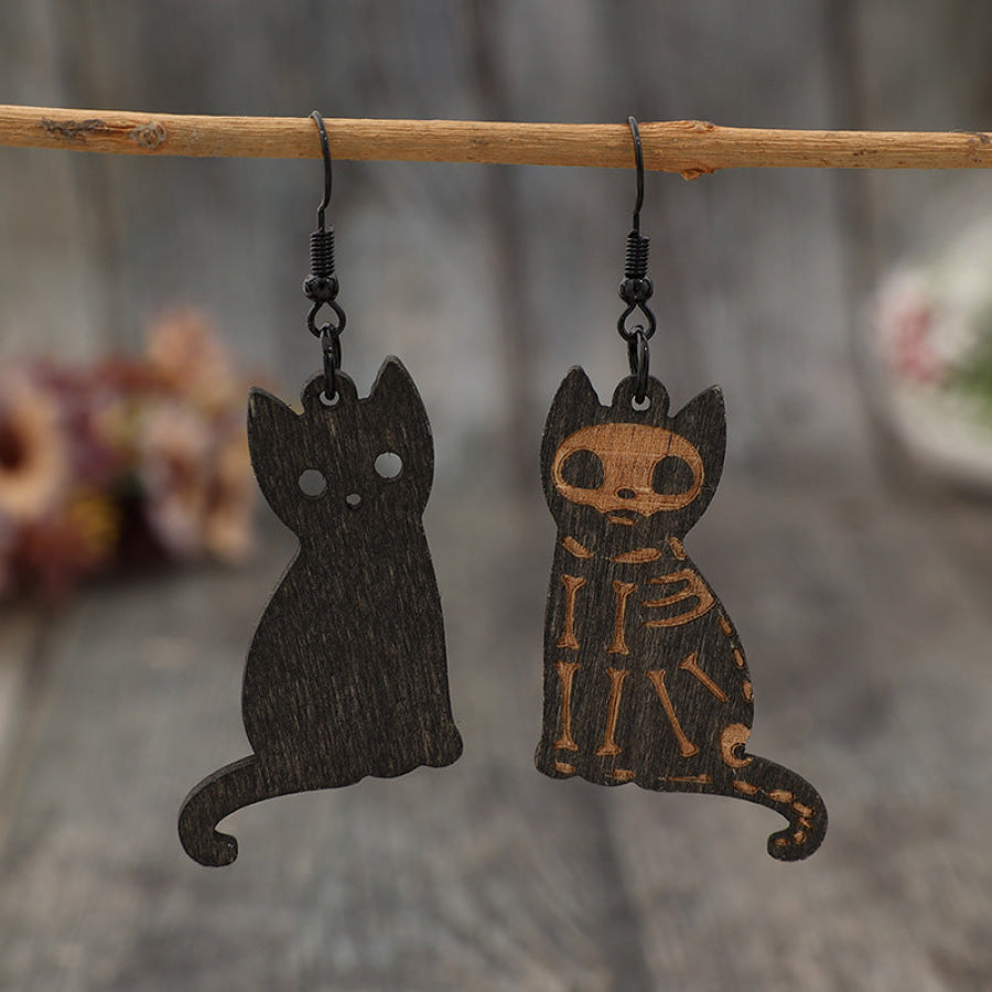 Alloy Hook Wooden Cat Earrings Black / One Size Apparel and Accessories