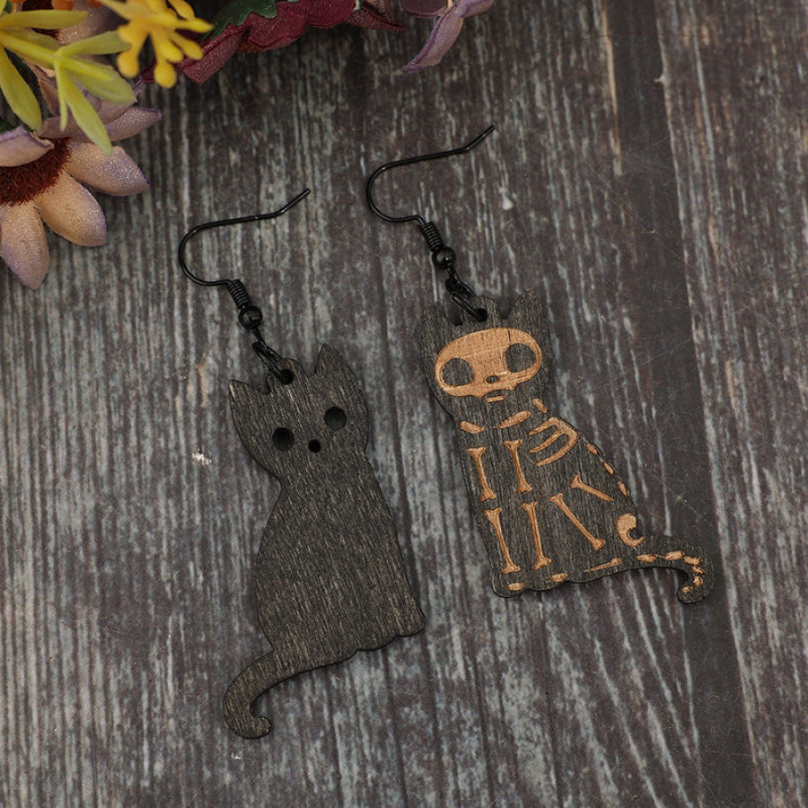 Alloy Hook Wooden Cat Earrings Black / One Size Apparel and Accessories