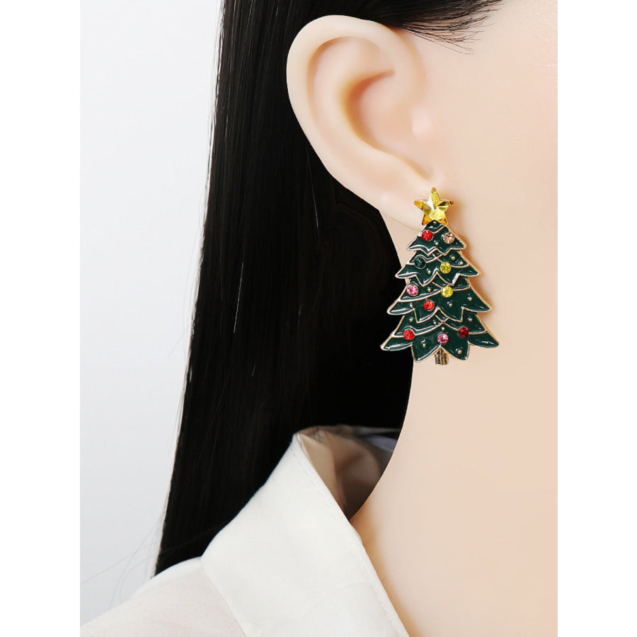 Alloy Inlaid Rhinestone Christmas Tree Earrings Green / One Size Apparel and Accessories