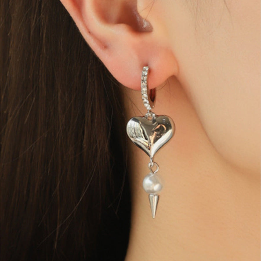 Alloy Rhinestone Synthetic Pearl Heart Earrings Silver / One Size Apparel and Accessories