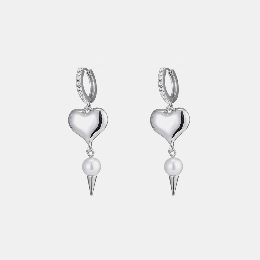 Alloy Rhinestone Synthetic Pearl Heart Earrings Silver / One Size Apparel and Accessories