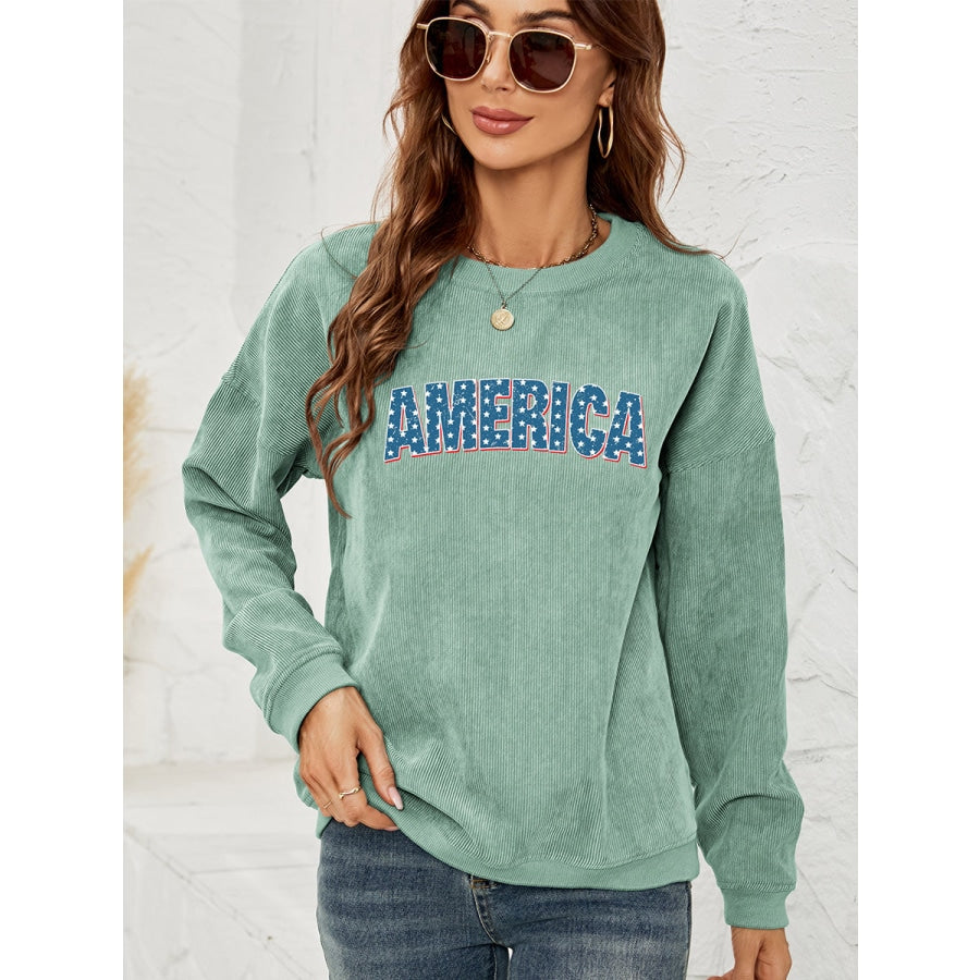 AMERICA Graphic Dropped Shoulder Sweatshirt Gum Leaf / S